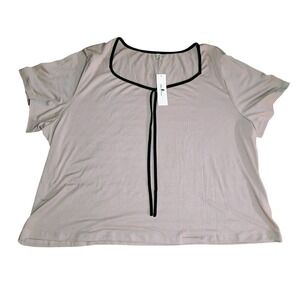 Agnes Orinda Womens 4X Blouse Beige Black Trim Short Sleeve NWT‎ Plus Size